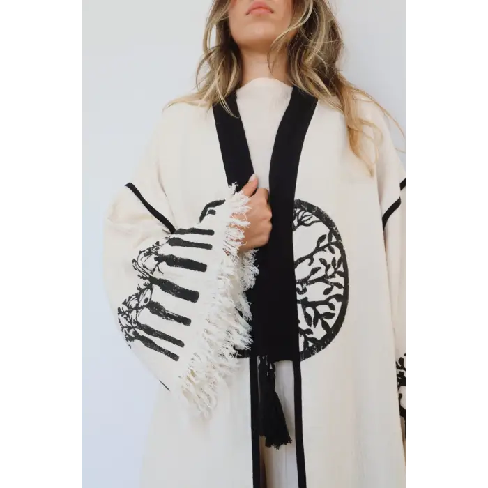 HAYAT AĞACI TAHTA BASKILI DOKUMA KAFTAN / Naturel