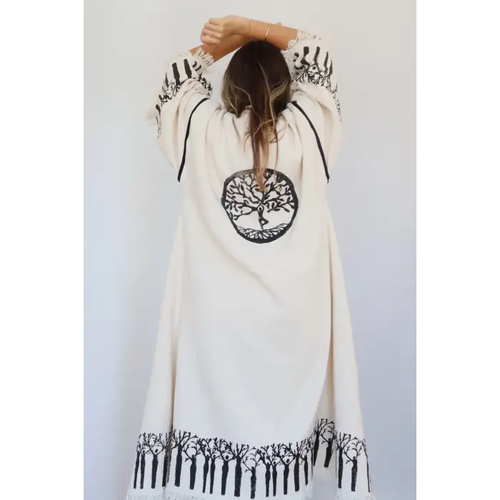 HAYAT AĞACI TAHTA BASKILI DOKUMA KAFTAN / Naturel