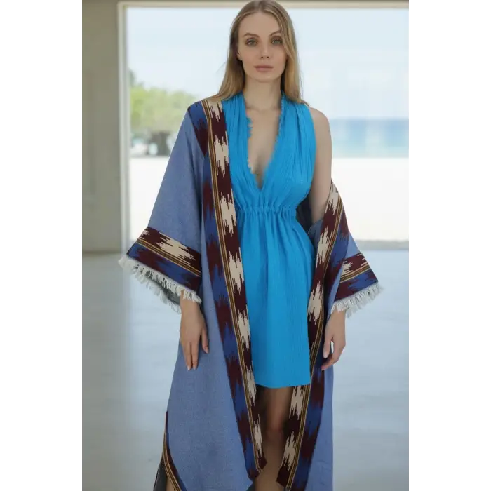 TARSUS KİLİM BORDÜRLÜ DOKUMA KAFTAN / mavi