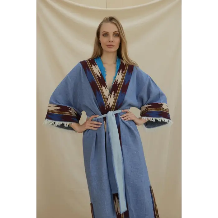 TARSUS KİLİM BORDÜRLÜ DOKUMA KAFTAN / mavi