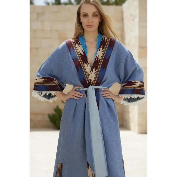 TARSUS KİLİM BORDÜRLÜ DOKUMA KAFTAN / mavi