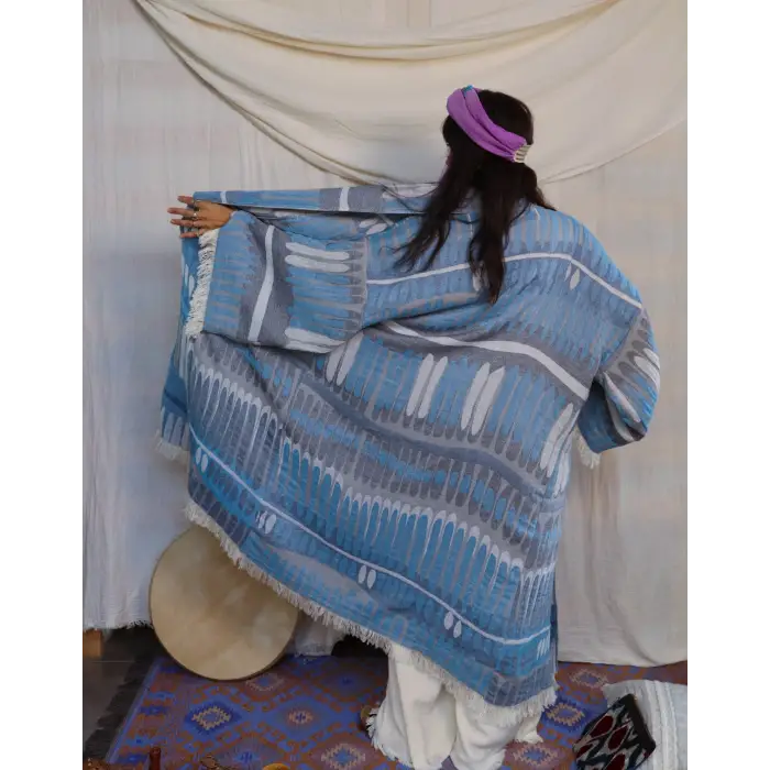 TOTEM DOKUMA JAKAR PAMUK KİMONO / MAVİ