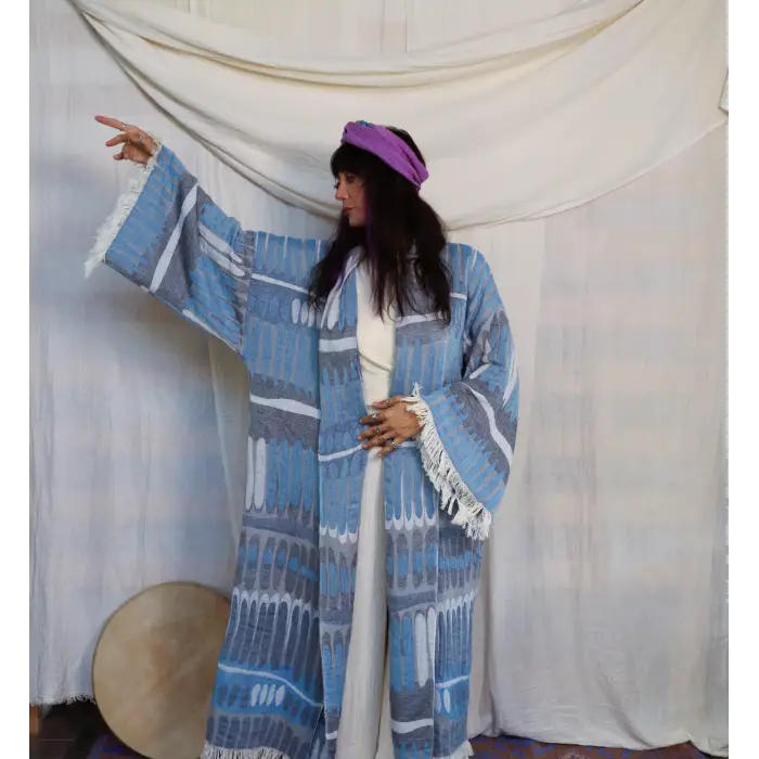 TOTEM DOKUMA JAKAR PAMUK KİMONO / MAVİ