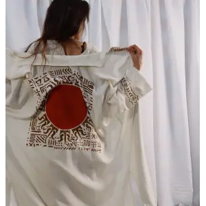 Keten Bohem Stil Tahta Baskılı Etnik Desen Kimono