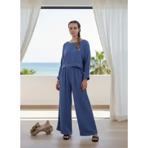 SOUL MÜSLİN BLUZ PANTOLON TAKIM / mavi