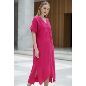 DORA YALDIZLI MÜSLİN ELBİSE / fuşya