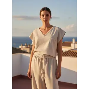 LAVANDA KETEN KARIŞIMLI BLUZ & PANTOLON TAKIM