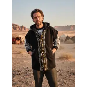 TUNA KAPŞONLU KİLİM DETAYLI POLAR YELEK / Siyah