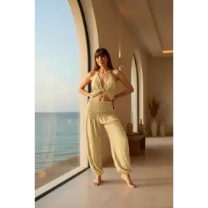 BABYLON SIRT DEKOLTELİ BLUZ & PANTOLON TAKIM / krem