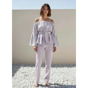 LİNET PAMUK DOKUMA ÇİZGİLİ BLUZ/ lila