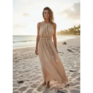 PETUNYA ÖRGÜ DETAYLI BOHEM ELBİSE / Bej