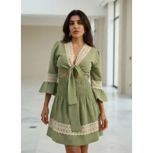 ENDÜLÜS DANTEL DETAYLI CROP BAĞLAMALI BOHEM MÜSLİN Mini ELBİSE