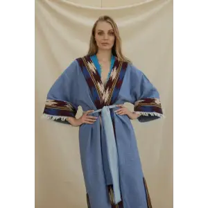 TARSUS KİLİM BORDÜRLÜ DOKUMA KAFTAN / mavi