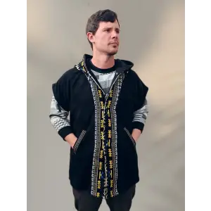 TUNA KAPŞONLU KİLİM DETAYLI POLAR YELEK / Siyah