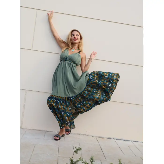 GAZELLE BOHEM STİL ÇİNGENE ELBİSE / Yeşil