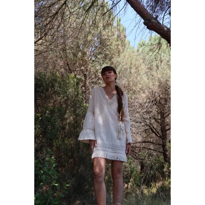 İRİS PAMUK PÜSKÜL DETAYLI BOHO ELBİSE