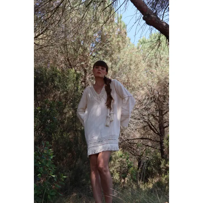 İRİS PAMUK PÜSKÜL DETAYLI BOHO ELBİSE