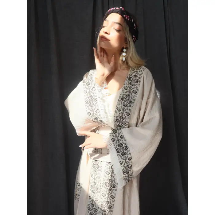 TARSUS KİLİM BORDÜRLÜ DOKUMA KAFTAN / krem