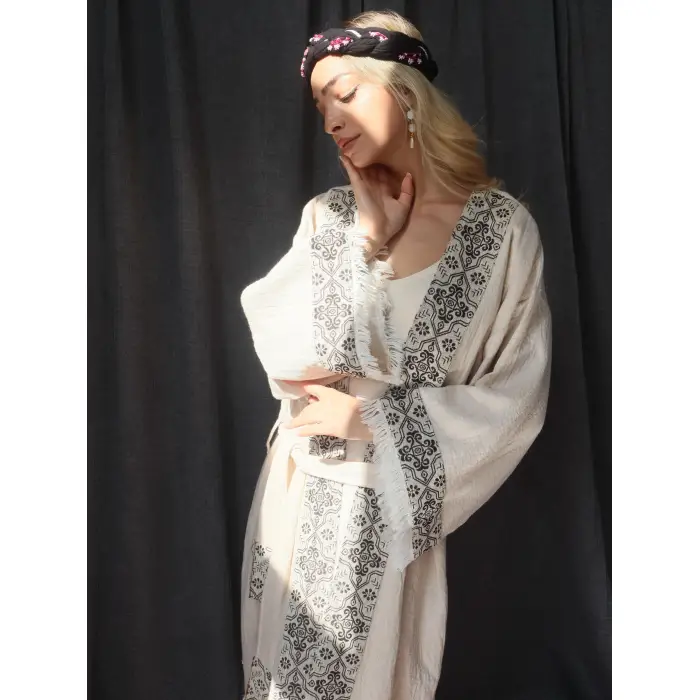 TARSUS KİLİM BORDÜRLÜ DOKUMA KAFTAN / krem