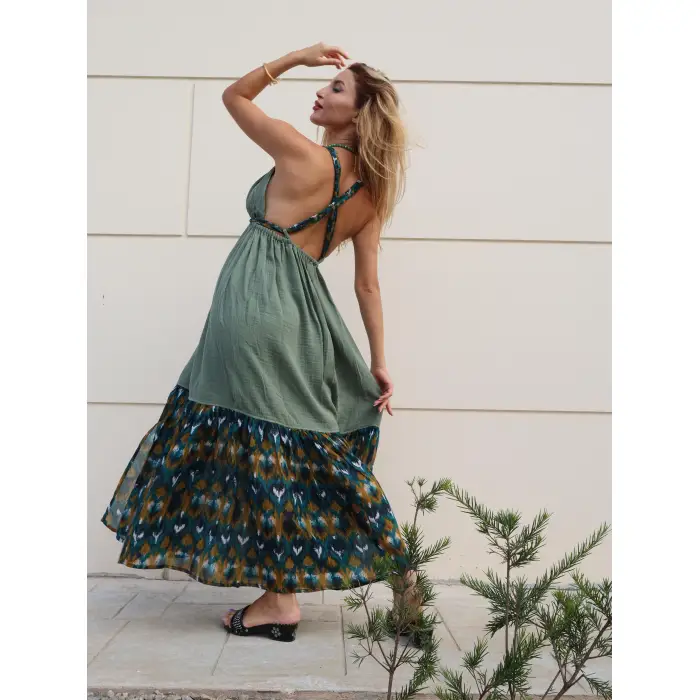 GAZELLE BOHEM STİL ÇİNGENE ELBİSE / Yeşil