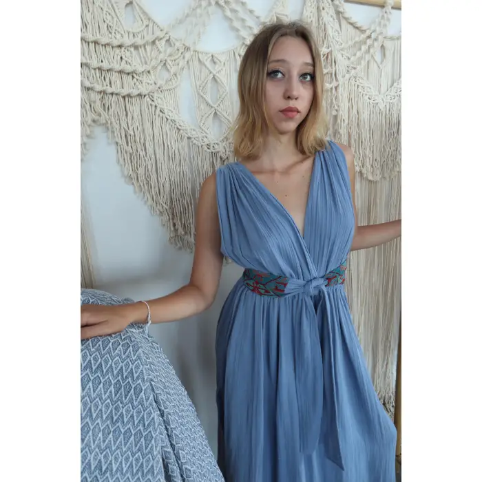 AZİZE BOHEM STİL MÜSLİN ELBİSE / mavi