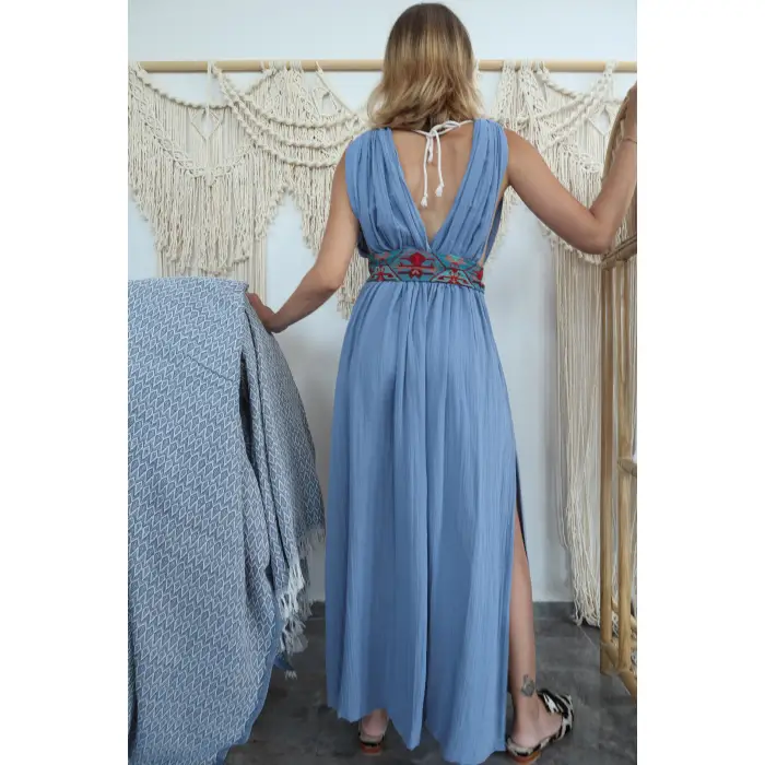 AZİZE BOHEM STİL MÜSLİN ELBİSE / mavi