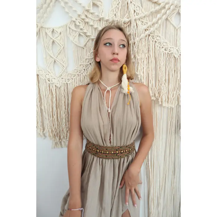 AZİZE BOHEM STİL MÜSLİN ELBİSE / Bej