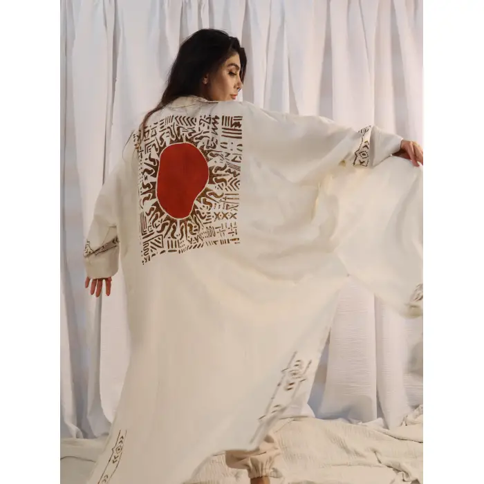 Keten Bohem Stil Tahta Baskılı Etnik Desen Kimono