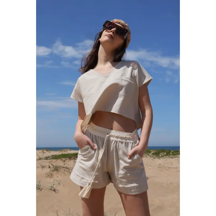 LAVANDA KETEN KARIŞIMLI BLUZ & ŞORT TAKIM