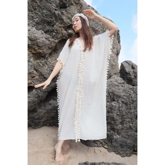 ATLAS ÇİZGİLİ ŞİLE BEZİ PÜSKÜL DETAYLI KAFTAN