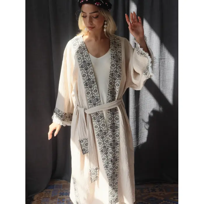 TARSUS KİLİM BORDÜRLÜ DOKUMA KAFTAN / krem