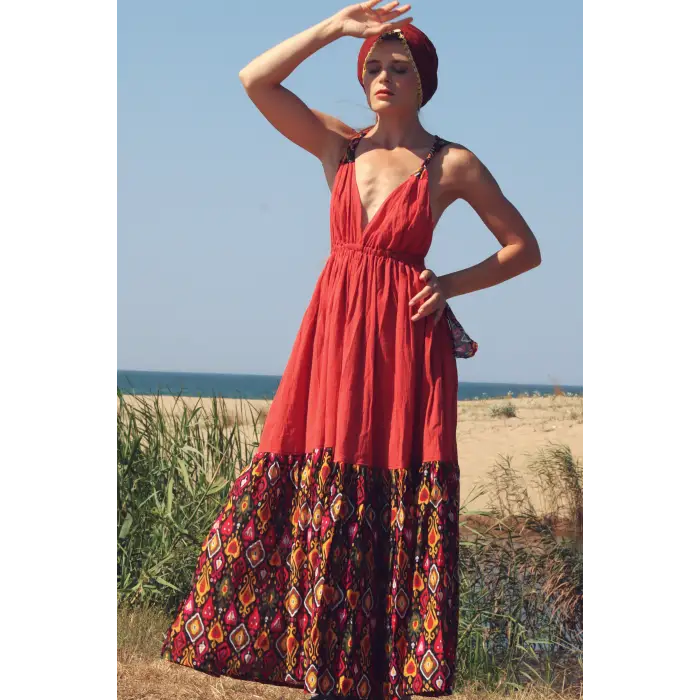 GAZELLE BOHO STİL MAXİ ÇİNGENE ELBİSE