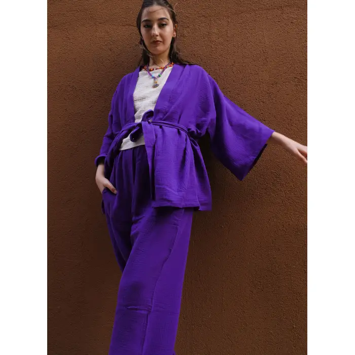 MELİS MÜSLİN KİMONO PANTOLON / Mor