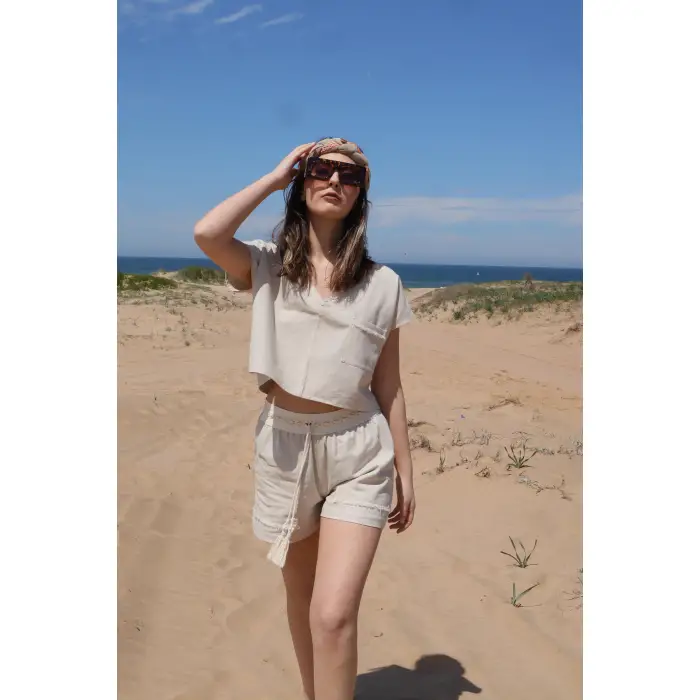 LAVANDA KETEN KARIŞIMLI BLUZ & ŞORT TAKIM