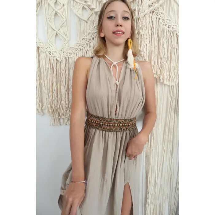 AZİZE BOHEM STİL MÜSLİN ELBİSE / Bej