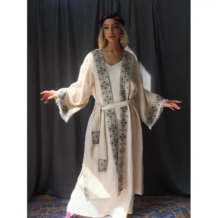 TARSUS KİLİM BORDÜRLÜ DOKUMA KAFTAN / krem