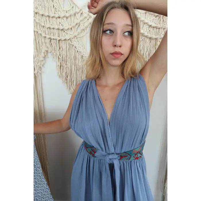 AZİZE BOHEM STİL MÜSLİN ELBİSE / mavi