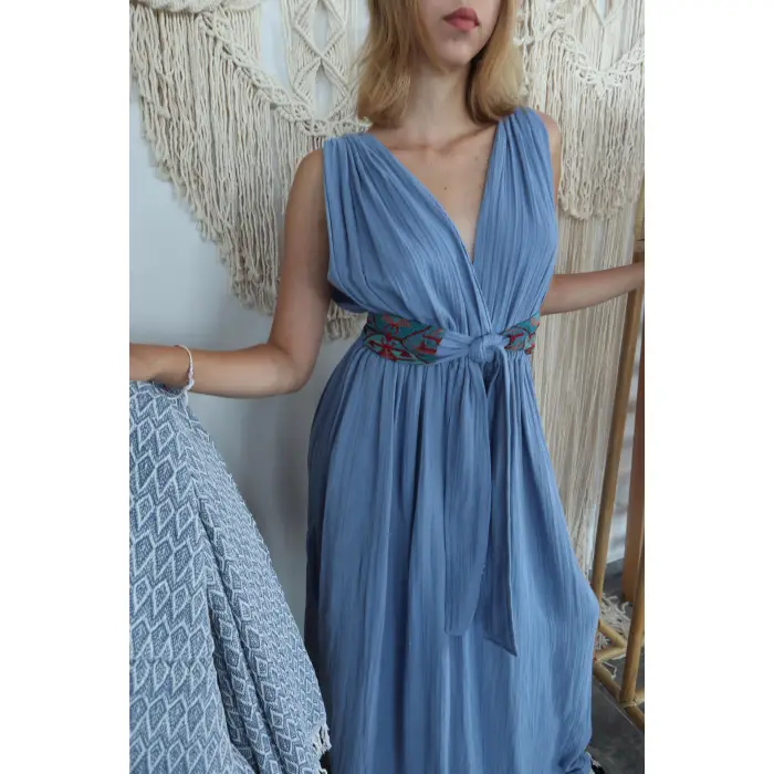 AZİZE BOHEM STİL MÜSLİN ELBİSE / mavi