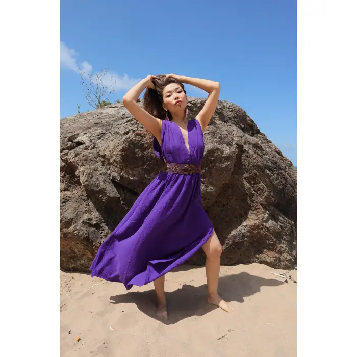 AZİZE BOHEM STİL MÜSLİN ELBİSE / Mor