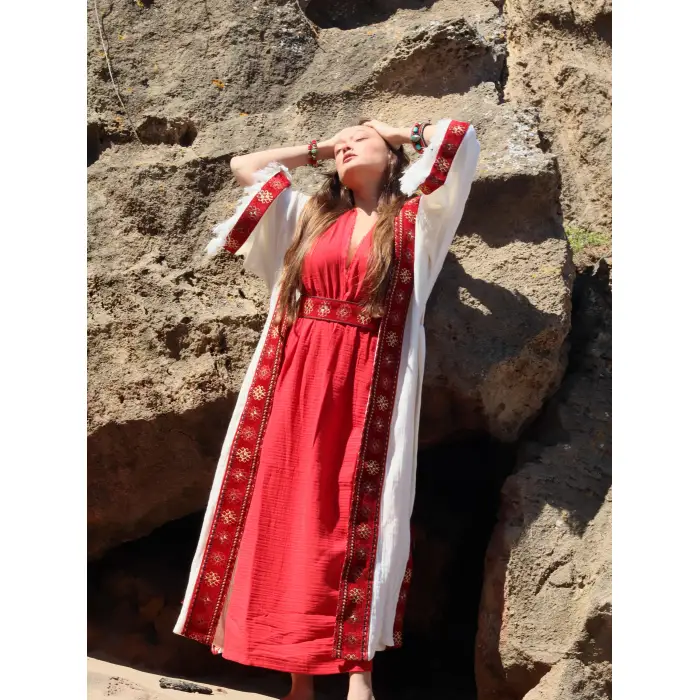 AZİZE BOHEM STİL MÜSLİN ELBİSE / Şarap