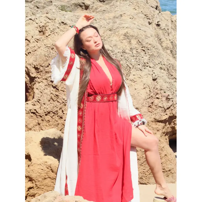 AZİZE BOHEM STİL MÜSLİN ELBİSE / Şarap