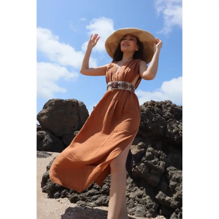 AZİZE BOHEM STİL MÜSLİN ELBİSE / Tarçın