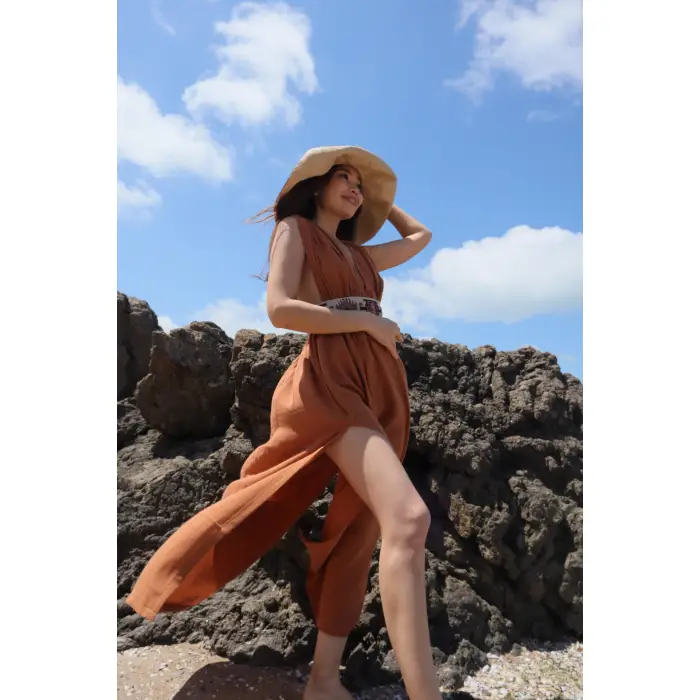 AZİZE BOHEM STİL MÜSLİN ELBİSE / Tarçın