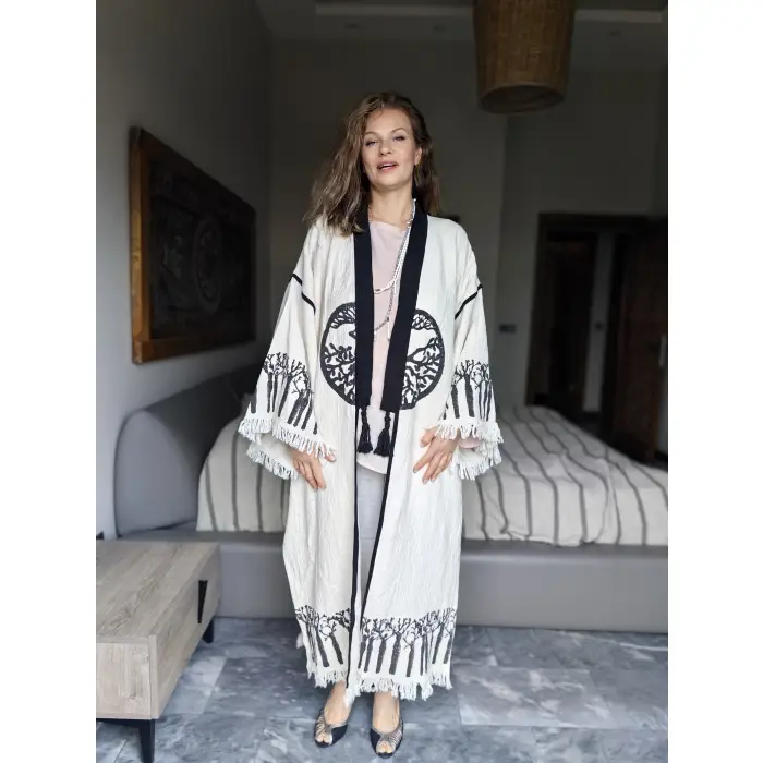 HAYAT AĞACI TAHTA BASKILI DOKUMA KAFTAN / Naturel