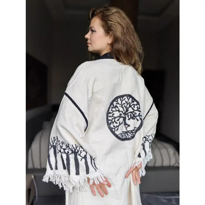 HAYAT AĞACI TAHTA BASKILI DOKUMA KAFTAN / Naturel