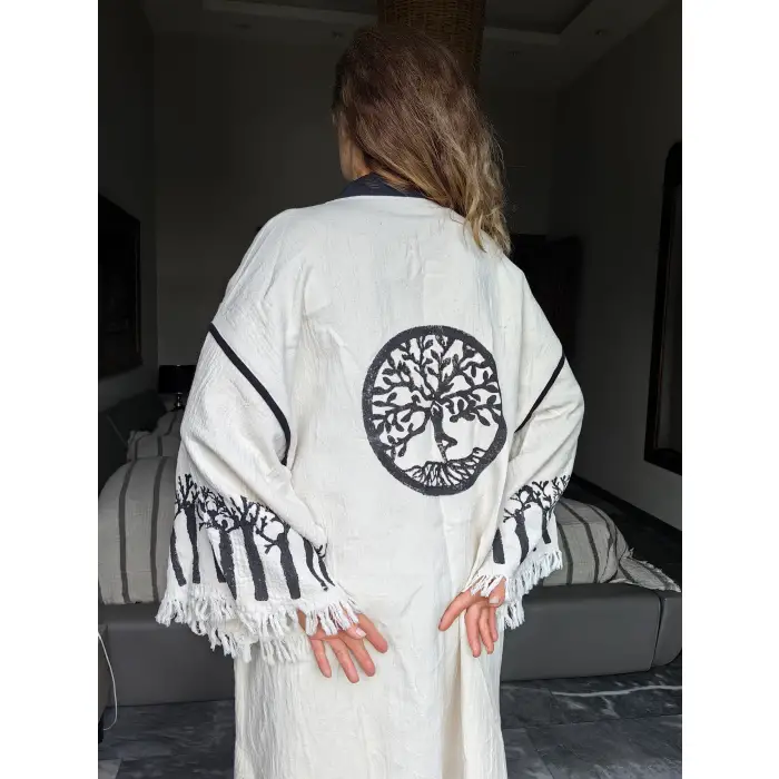HAYAT AĞACI TAHTA BASKILI DOKUMA KAFTAN / Naturel