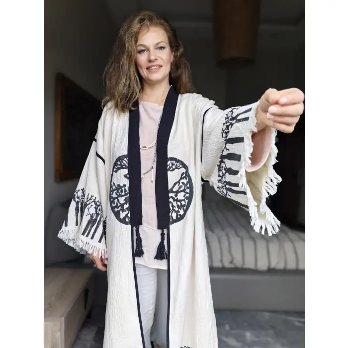 HAYAT AĞACI TAHTA BASKILI DOKUMA KAFTAN / Naturel