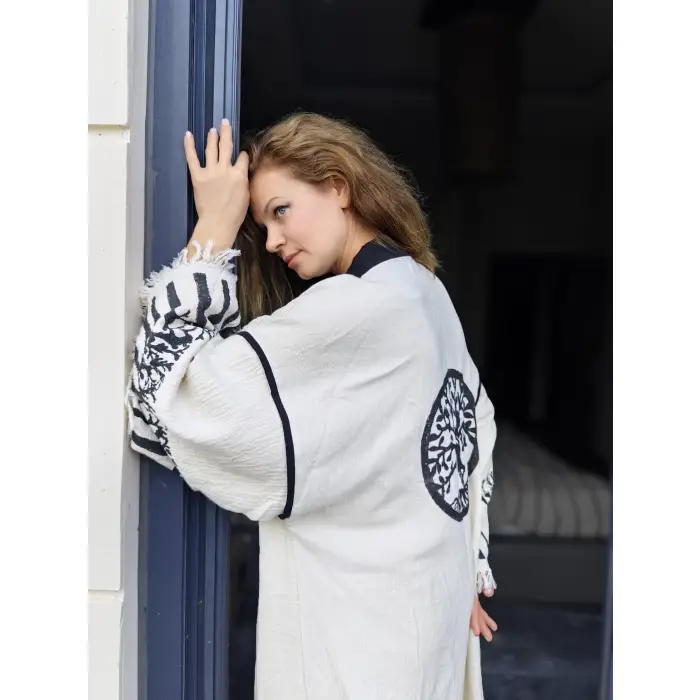 HAYAT AĞACI TAHTA BASKILI DOKUMA KAFTAN / Naturel