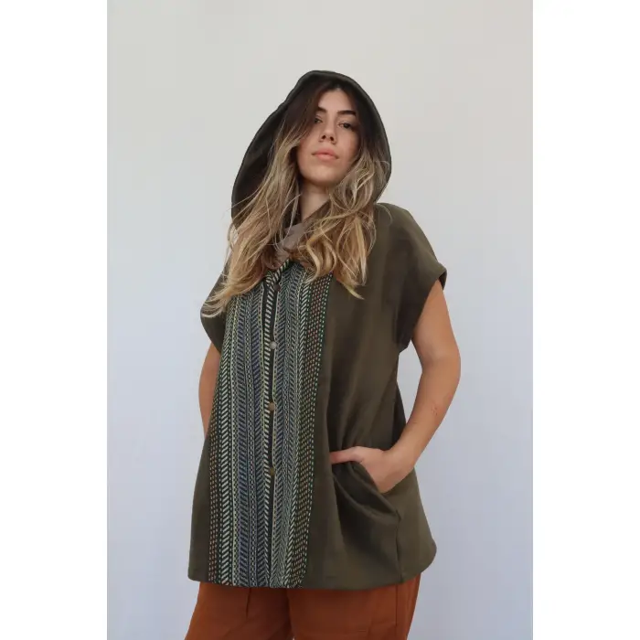 TUNA KAPŞONLU KİLİM DETAYLI POLAR YELEK / YEŞİL