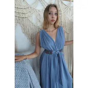 AZİZE BOHEM STİL MÜSLİN ELBİSE / mavi